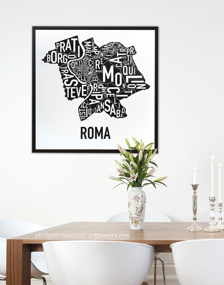 Rome Neighborhoods Rioni Di Roma Typography Map Original Artist Of Type City Map Designs Rome Typography Map Art Canvas Canvas Print | PB Canvas