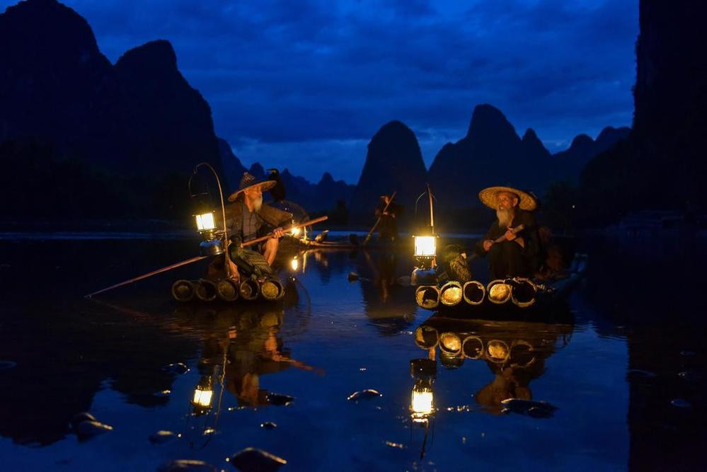 Cormorant Fishing Fisherman Guilin Li River Karst Mountains Blue Hour Of Dawn Guangxi China Canvas Canvas Print | PB Canvas