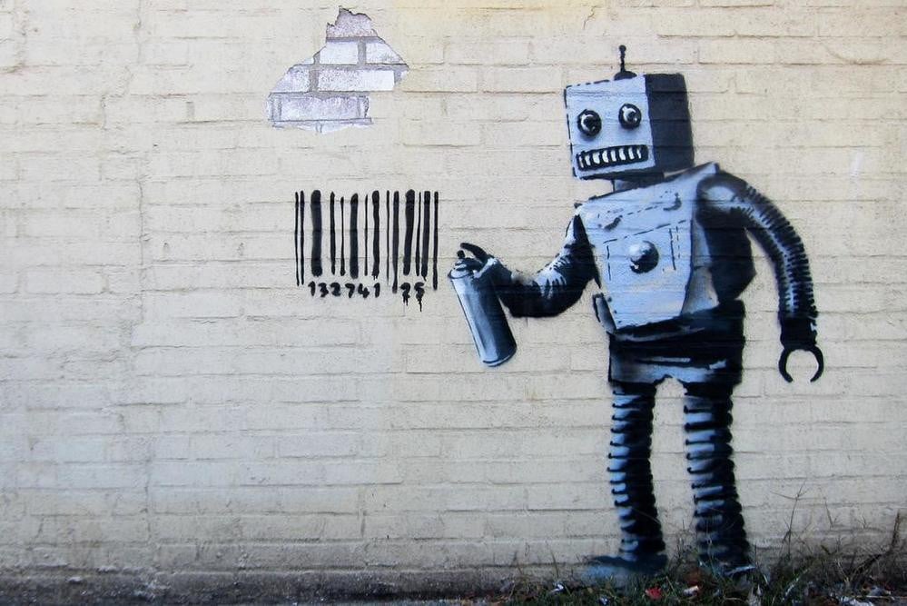 Banksy 28 October Better Out Than In Barcode Robot Canvas Canvas Print | PB Canvas