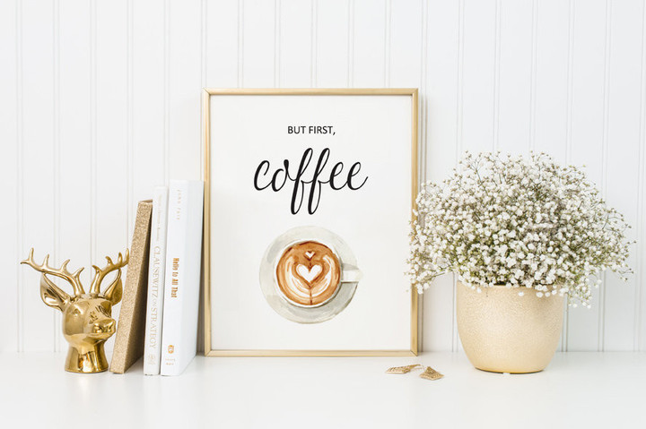 Wall Art Kitchen Print But First Coffee Watercolor Calligraphy For Home Decor Or Coffee Lover Gift Canvas Canvas Print | PB Canvas
