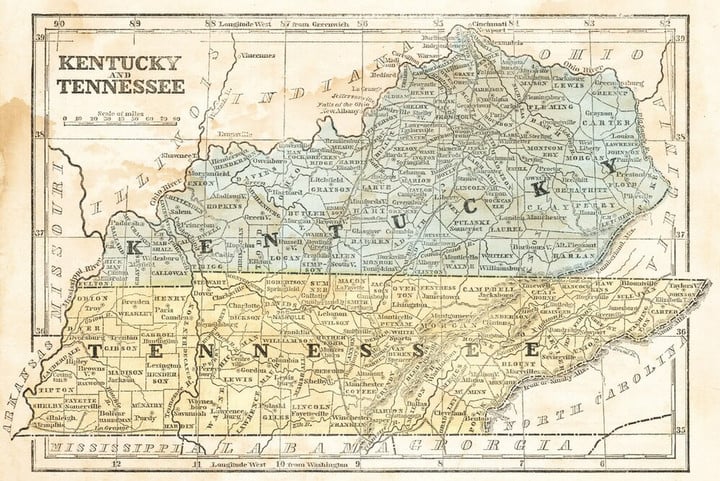 Kentucky And Tennessee Vintage 1855 Antique Style Map Canvas Canvas Print | PB Canvas