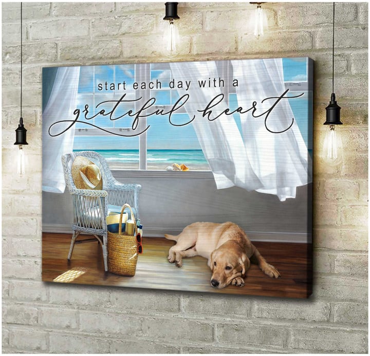 Start Each Day With A Grateful Heart Labrador And Beach Canvas Wall Art Decor Dhg 2059 | PB Canvas