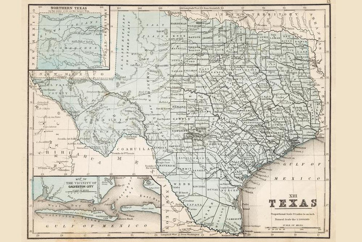 Map Of Texas 1867 Antique Style Map Canvas Canvas Print | PB Canvas