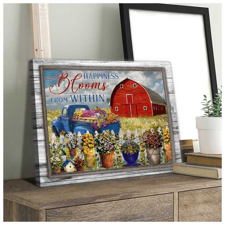 Farmhouse Red Barn And Butterflies Fence Floral Truck Happiness Blooms From Within Wall Art Decor Dhg 1814 | PB Canvas