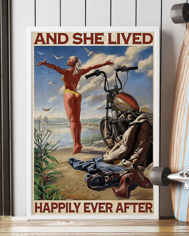 Vintge And She Lived Happily Ever After Canvas Vintage Motorcycles Wall Art Biker Girls Canvas Funny Gift | PB Canvas