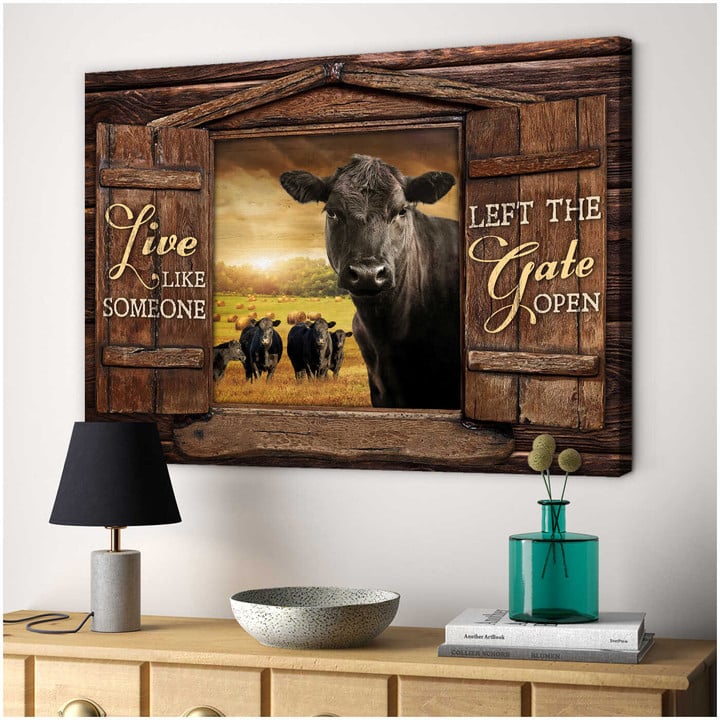 Canvas Wall Art Decor Black Angus Cow And Herd Looking Over Rustic Window Live Like Someone Left The Gate Open Dhg 1605 | PB Canvas