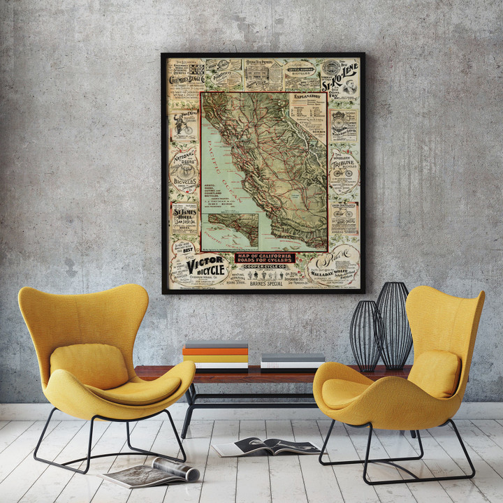 California Bicycle Map 1895 Old California Bicycle Map Vintage Cycling Map Canvas Canvas Canvas Print | PB Canvas