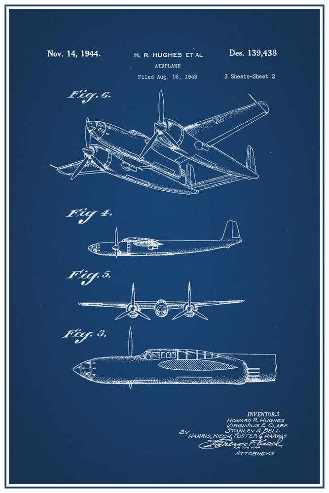 Howard Hughes Airplane Official Patent Blueprint Canvas Canvas Print 2 | PB Canvas