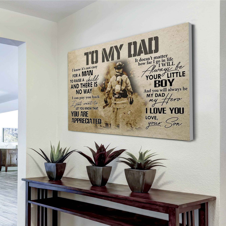 Firefighter To My Dad Canvas Firefighter Dad Fireman Canvas Dad And Son Family Gift Vintage Wall Art Home Decor Horizontal Canvas Dhg 2486 | PB Canvas