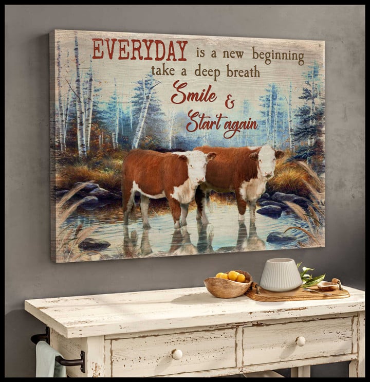 Hereford Cows Everyday Is A New Beginning Canvas Wall Art Farmhouse Decor Dhg 1895 | PB Canvas