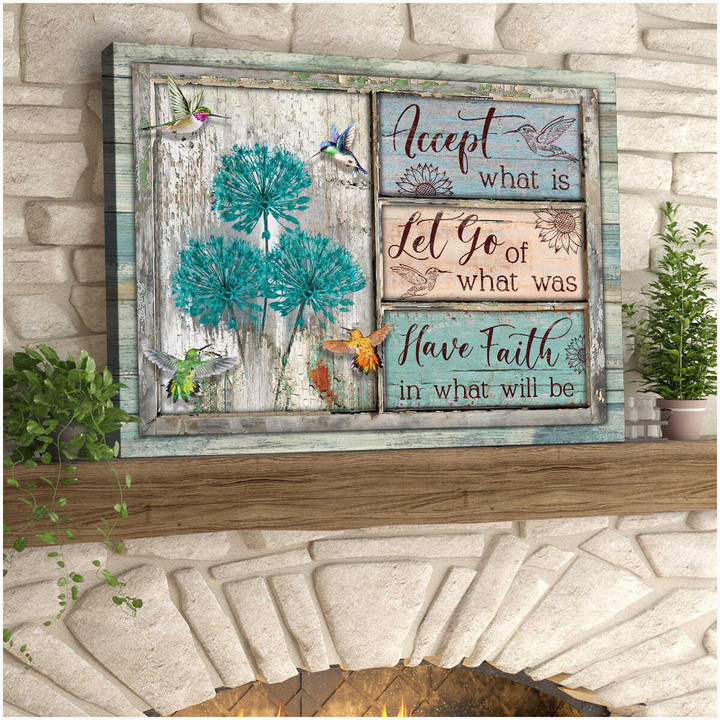 Farmhouse Wall Art Decor Canvas Accept What Is Teal White Rustic Flower And Hummingbirds On Rustic Wood Dhg 1818 | PB Canvas