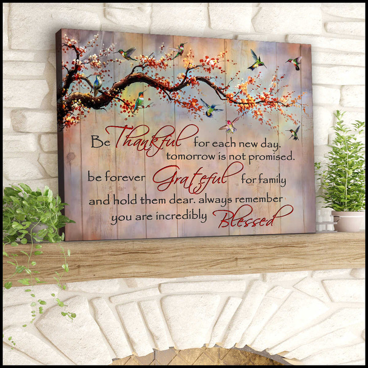 Thankful Grateful Blessed Cherry Blossom And Hummingbird Canvas Wall Art Decor Dhg 2097 | PB Canvas