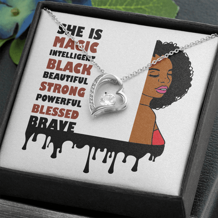 She Is Magic Intelligent Deautiful Strong Powerful Blessed Brave Black, Afro American Gifts, Melanin Gifts, Gifts For Black Women, African American Angel , Heart Necklace
