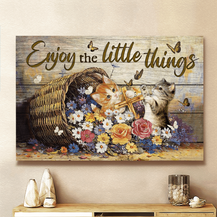 Enjoy The Little Things, Flower, Cat, Cross, God Canvas, Christian Wall Art
