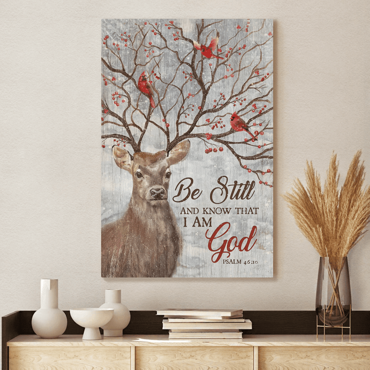 Christmas Deer, Cardinal, Winter Forest, Be Still And Know That I Am God - Jesus Portrait Canvas Prints, Wall Art