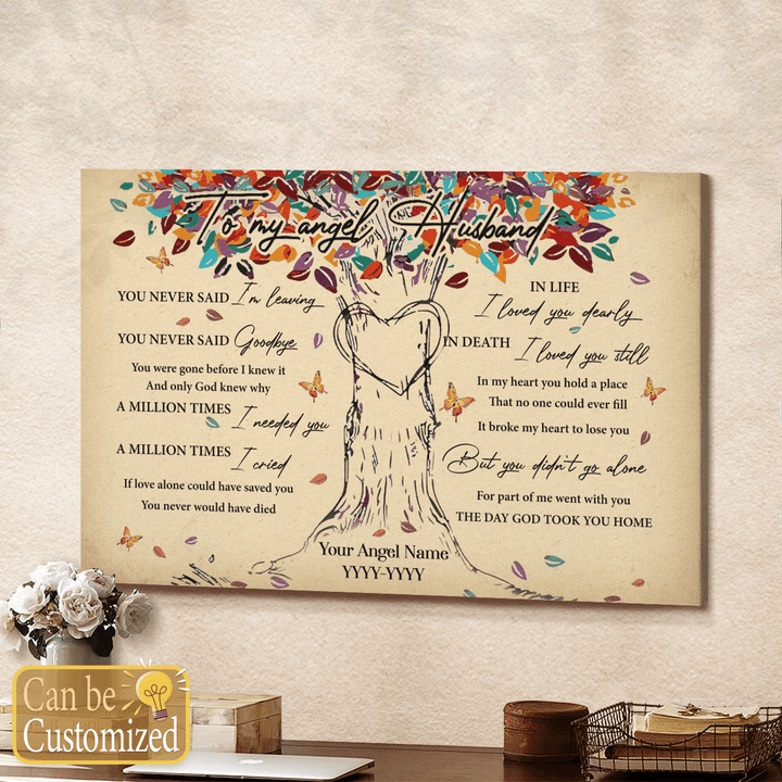 To My Angel Husband, Colorful Tree, Heart, Butterfly, Leaf - Personalization Canvas