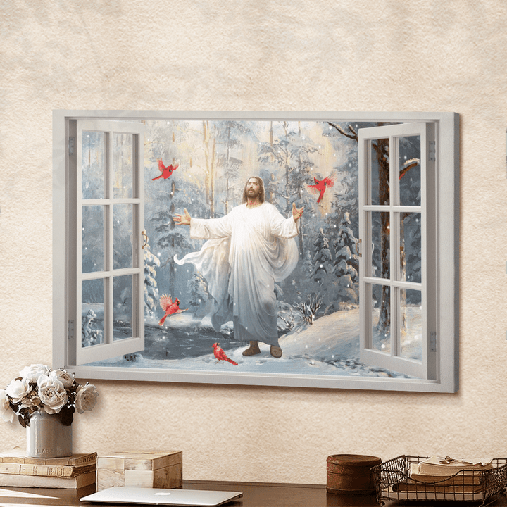 Into The Winter Forrest - Cardinals - Jesus Landscape Canvas, Poster - Wall Art