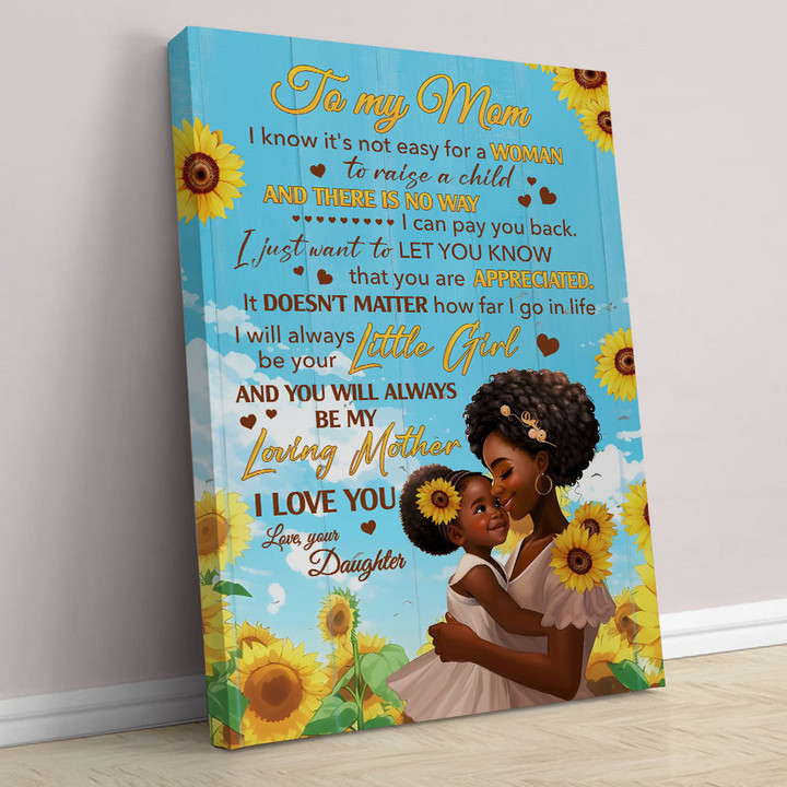 African American Sunflower My Loving Mother I Love You Mom Poster Canvas From Daughter, Mother's Day Gift for Mom