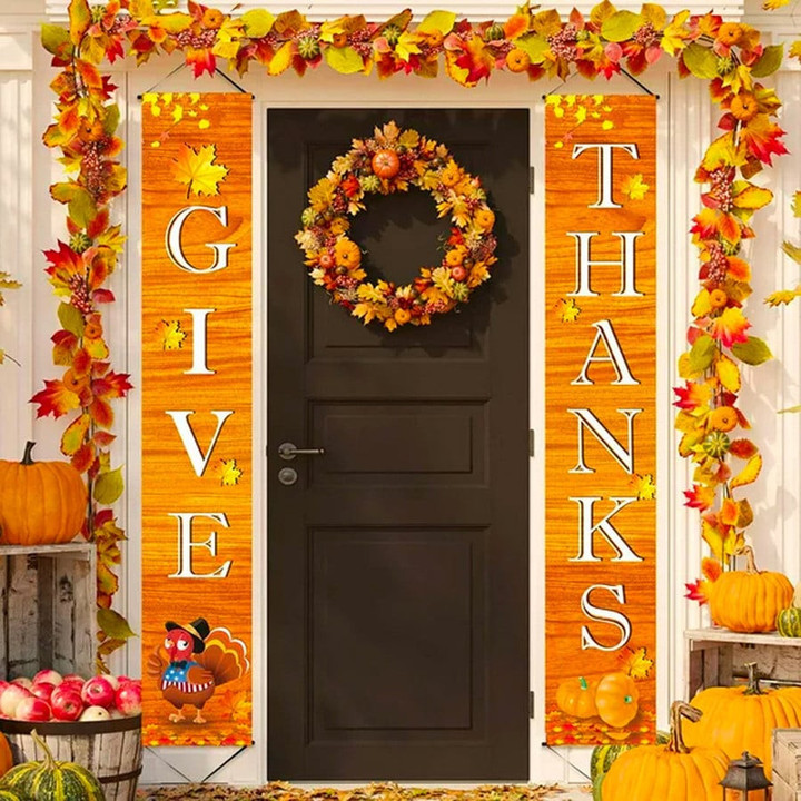 Thanksgiving Porch Sign Decor, GIVE THANKS Welcome Hanging Banner Porch Sign, Autumn Pumpkin Maple Leaf Backdrop Flag Fall Harvest Welcome Banner For Home Porch Decor Porch Banner
