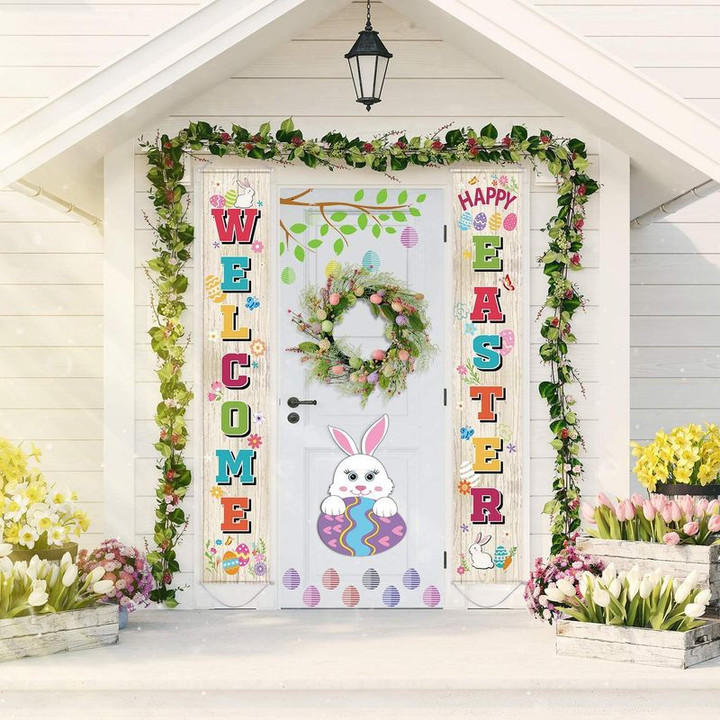 Welcome Happy Easter Bunny Rabbit Door Banner Home Decoration Easter's Day Gift Idea Door Banner