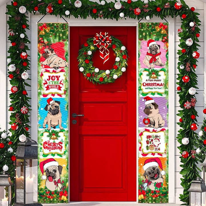 Pug Christmas Door Banner Joy The World Xmas Home Decor Door Banner