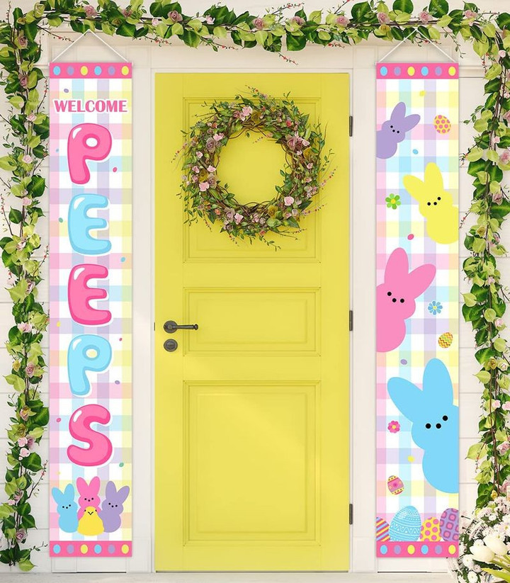 Welcome Peeps Happy Easter Door Banner Color Bunny Eggs Door Banner Bunny Lovers Gift Easter's Day Decor Door Banner