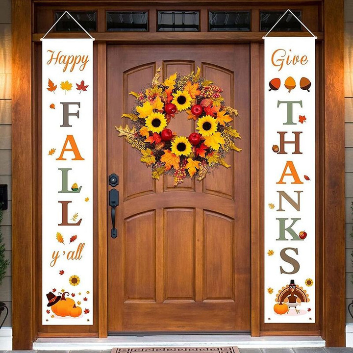 Thanksgiving Porch Sign Door Banner Happy Fall Y'all & Give Thanks For Autumn Door Banner
