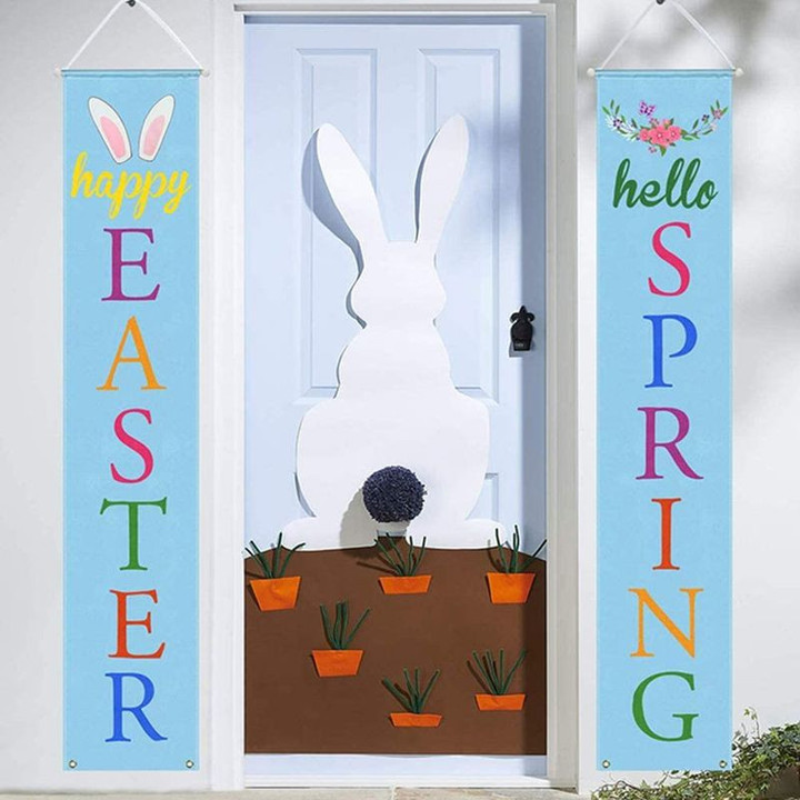 Happy Easter Hello Spring Door Banner Bunny Rabbit Easter's Day Decoration Spring Gift Easter's Day Gift Door Banner