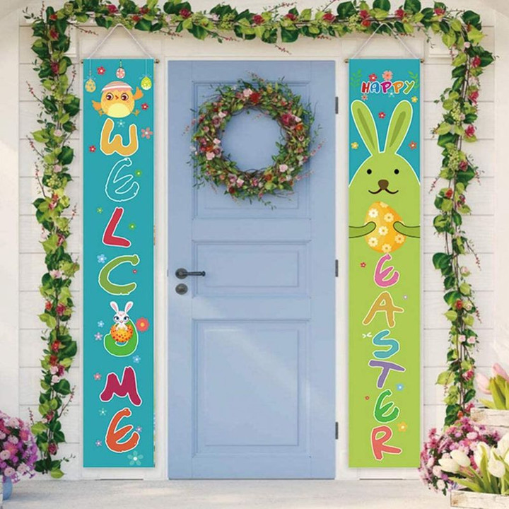 Welcome Happy Easter Bunny Rabbit Door Banner Easter's Day Door Decoration Friends Gift Family Members Gift Door Banner