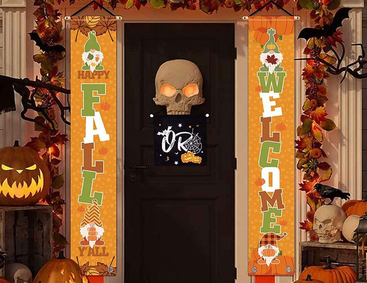 Fall Banner Happy Fall Y'all Door Banner Gnomes Pumpkins Autumn Thanksgiving Door Banner