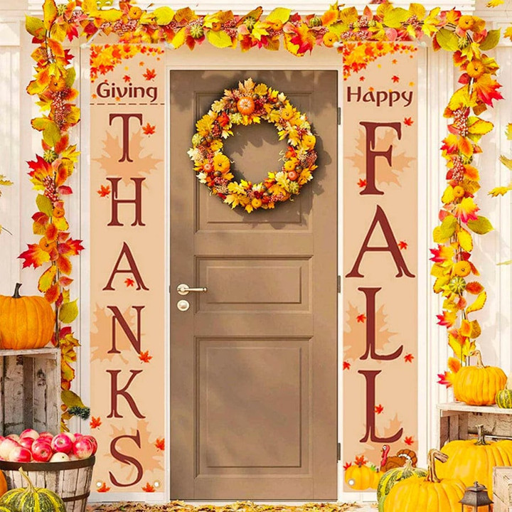 Fall Thanksgiving Banner Porch Sign Happy Fall Harvest Porch Signs for Indoor Outdoor Wall Door Decorations Porch Banner