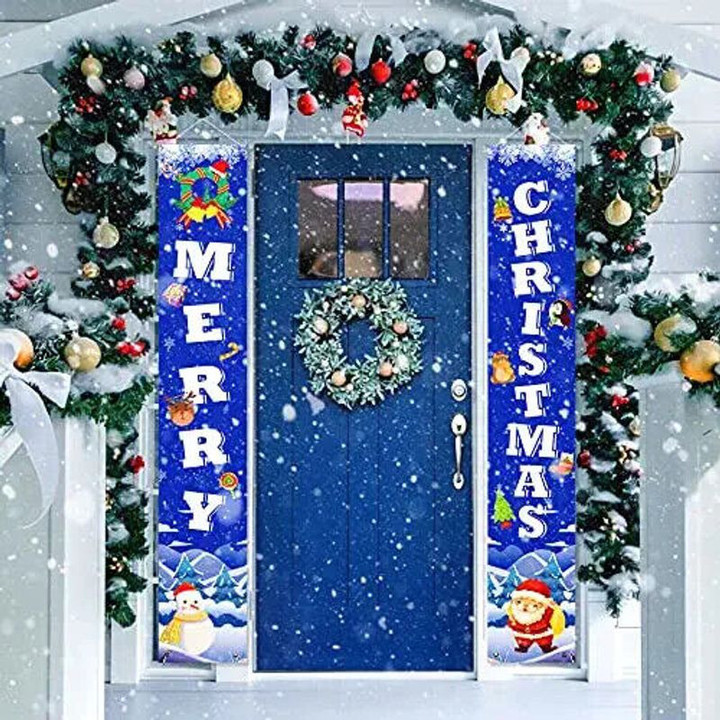 Merry Christmas Porch Sign Banner Hanging Door Decorations For Home Blue Door Banner