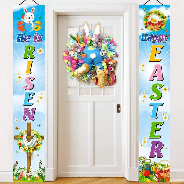 He Is Risen Jesus God Christian Door Banner Happy Easter's Day Bunny Rabbit Door Banner Home Decoration Door Banner