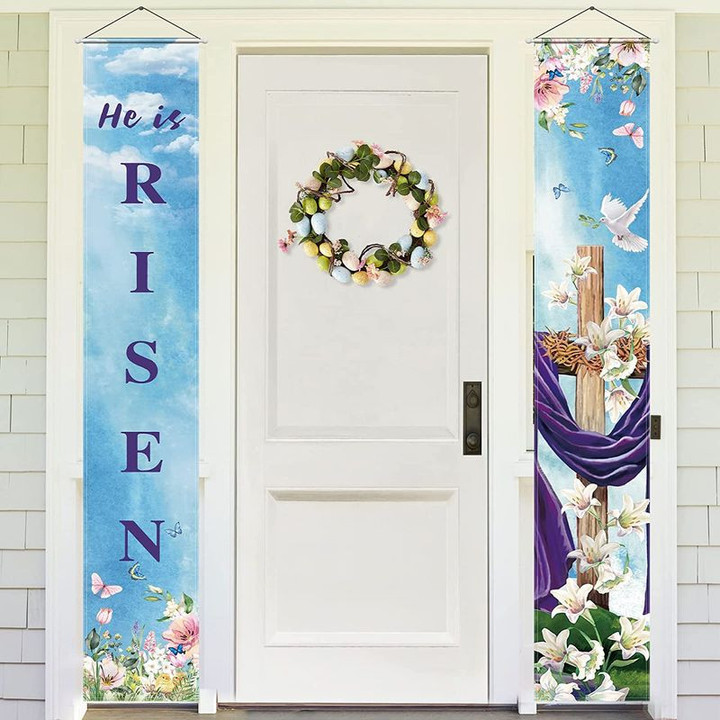 Jesus Christian Cross He Is Risen Door Banner Christian Happy Easter's Day Door Banner Home Decoration Door Banner