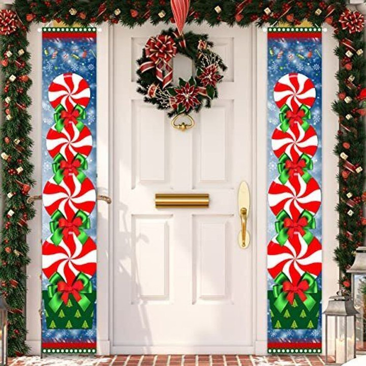 Merry Christmas Candy Porch Sign Door Banner Peppermint Theme Welcome Door Banner