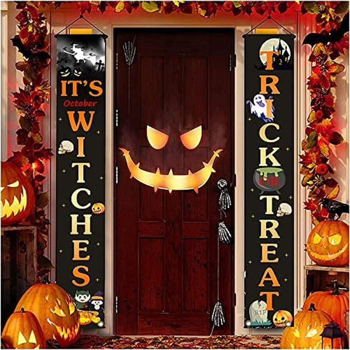 Halloween Front Porch Banner It's October Witches Halloween Trick Or Treat Door Banner