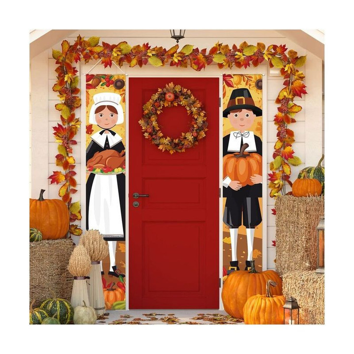 Pilgrim Boy And Girl Porch Sign Thanksgiving Harvest Front Door Banners Fall Gift Door Banner