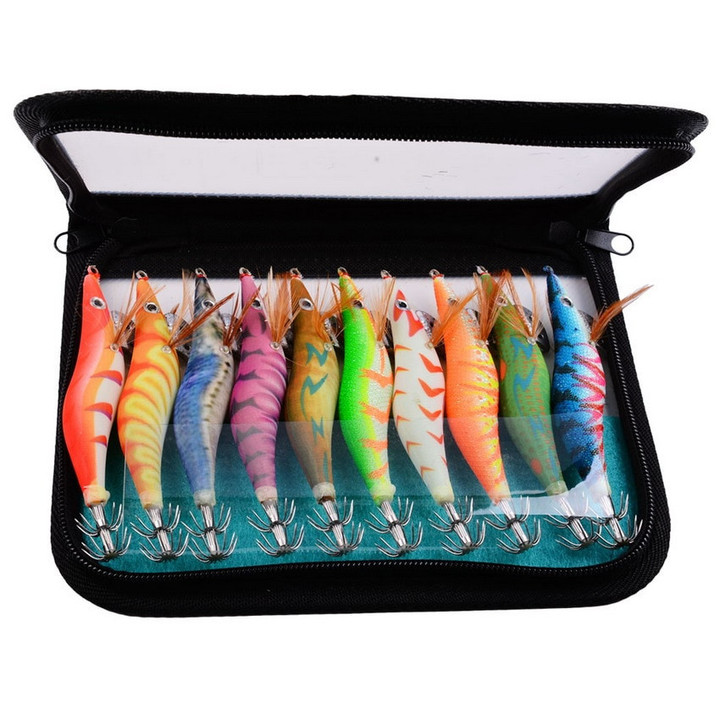 10Pcs Fishing Lure Squid Jig Hook Wooden Shrimp Artificial Fishing Lures Octopus Cuttlefish Shrimp Hard Fishing Bait with Bag