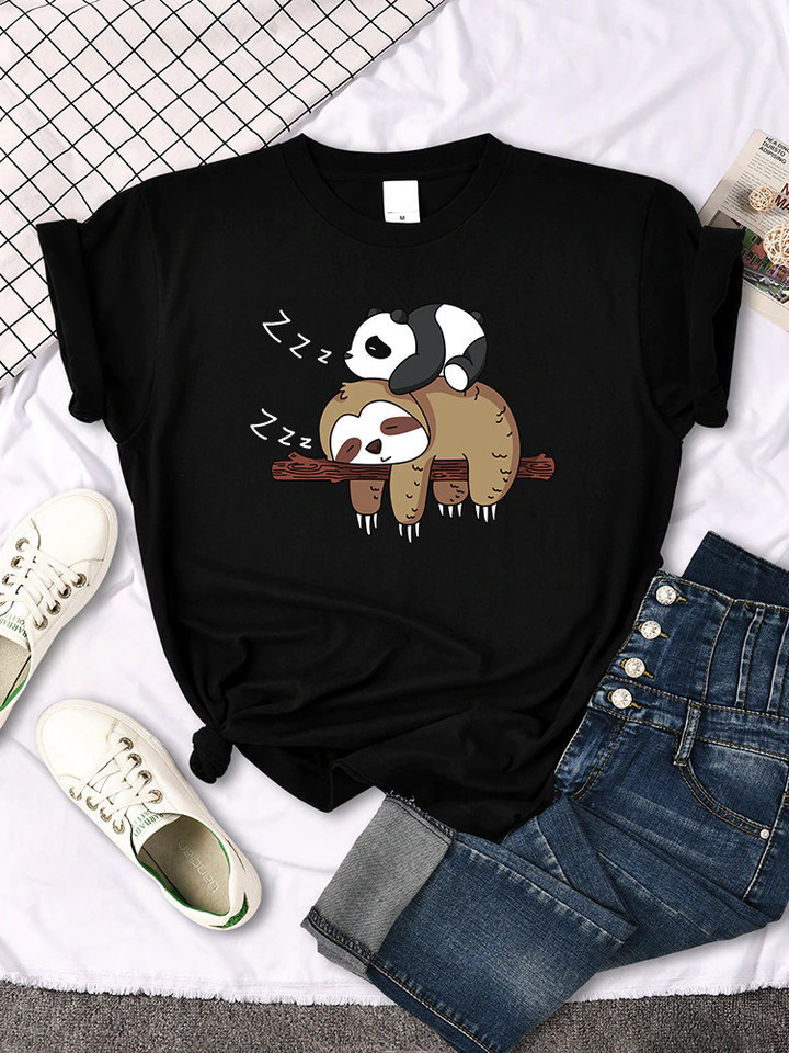 Panda Lying On A Sloth Printed T-shirt