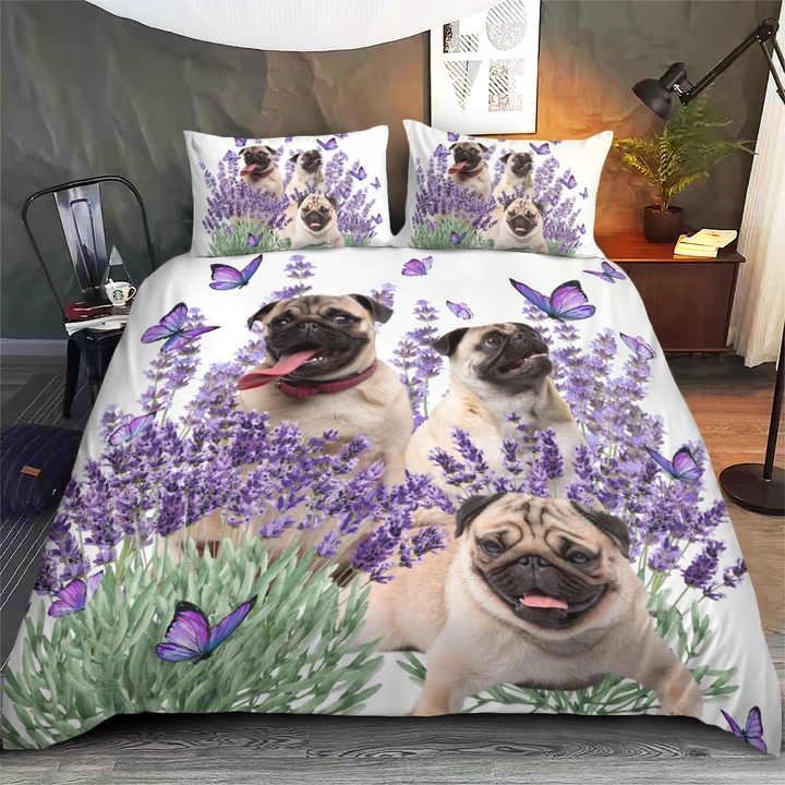Pug and Lavender flower Bedding Set