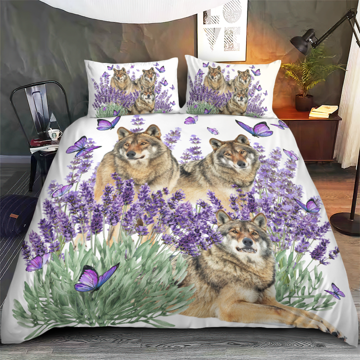 Native Wolf and Lavender flower Bedding Set