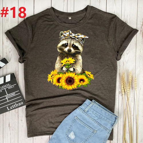 Raccoon Bandana Sunflowers Women 2022 Summer Fashion Print Mother Lady T-shirts Top T Shirt Ladies Womens Graphic Female