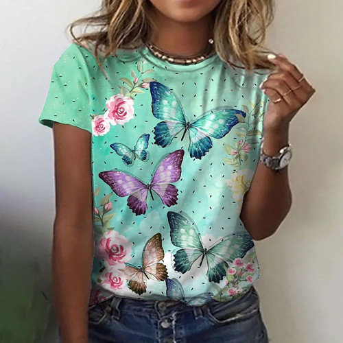 2022 Summer new women's clothing butterfly 3D print T-shirt fashion art pattern print short sleeve daily casual women's T-shirt