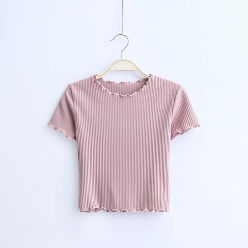 Vintage Wood ears O neck Short sleeve T-shirt 2022 New Woman Slim Fit t shirt tight tee Summer Retro Tops 6 colors