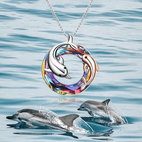 Cute Dolphin Necklaces Round AB Color Crystal Pendant for Mom Girls