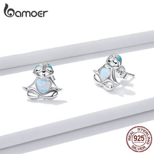 Bamoer 925 Sterling Silver Sloth Heart Opal Stud Earring Gift for Girls