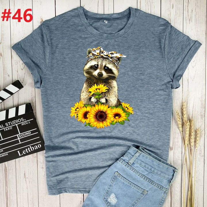 Raccoon Bandana Sunflowers Women 2022 Summer Fashion Print Mother Lady T-shirts Top T Shirt Ladies Womens Graphic Female