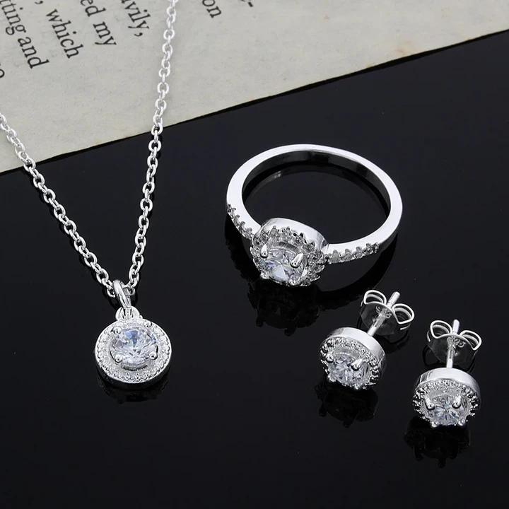 925 Sterling silver Cute Solid Christmas gift noble fashion elegant women shiny crystal CZ necklace earring ring jewelry Set