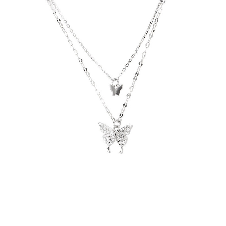 925 Sterling Silver Shiny Butterfly Tassel Necklace Female Exquisite Double Layer Pendant Clavicle Chain Wedding Party Jewelry