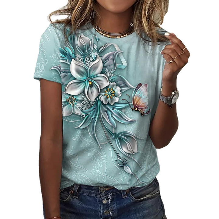 2022 Summer new women's clothing butterfly 3D print T-shirt fashion art pattern print short sleeve daily casual women's T-shirt